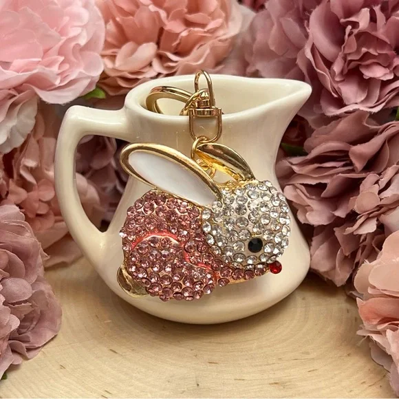 Pale Pink and Silver Crystal Bunny Rabbit Keychain Charm - Picture 2 of 12